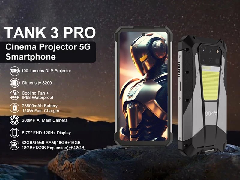 8849 Tank 3 Pro by Unihertz Rugged Projector Smartphone Android 32/36GB RAM 512GB ROM 5G 120W Charger  23800mAh OTG Mobile Phone