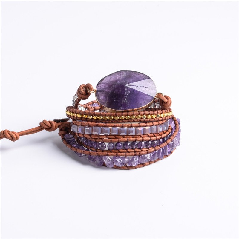 Women's Multilayer Leather Bracelet with Amethyst Stone