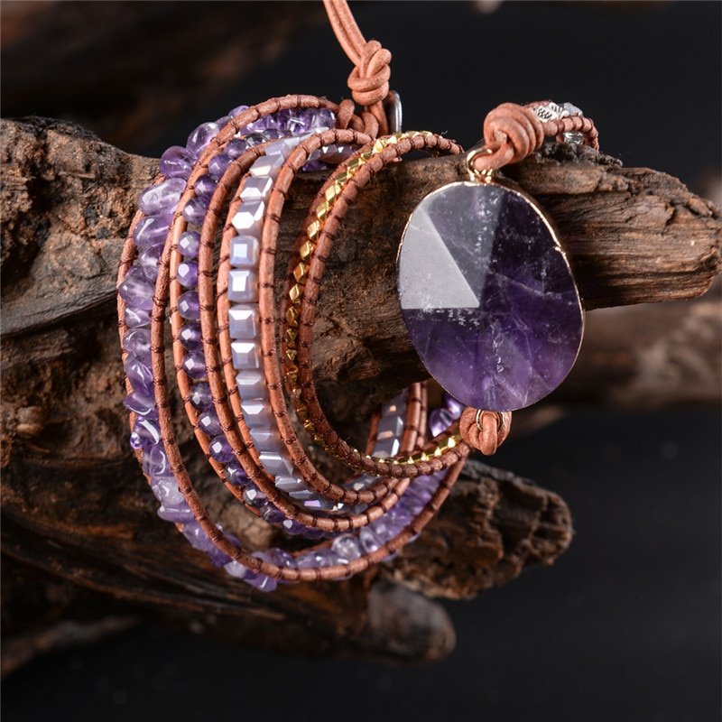 Women's Multilayer Leather Bracelet with Amethyst Stone