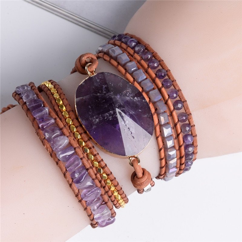 Women's Multilayer Leather Bracelet with Amethyst Stone