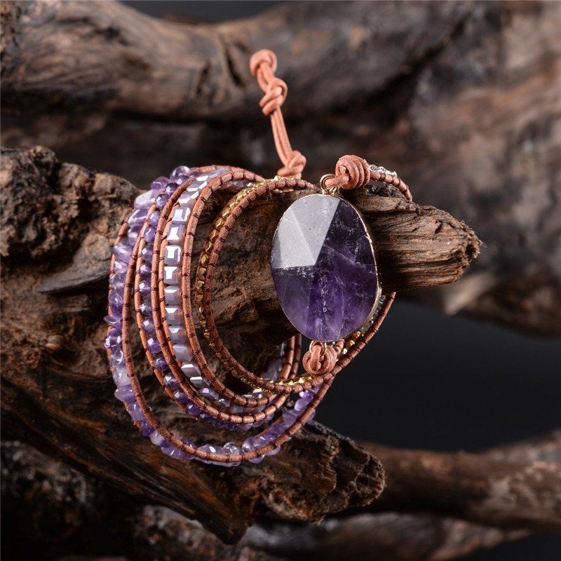 Women's Multilayer Leather Bracelet with Amethyst Stone