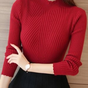 2024 Autumn Women Mock Neck Ruffles Sweater Long Sleeve Knitted Bottoming Solid Pullovers Stripe Women Casual Sweater Winter
