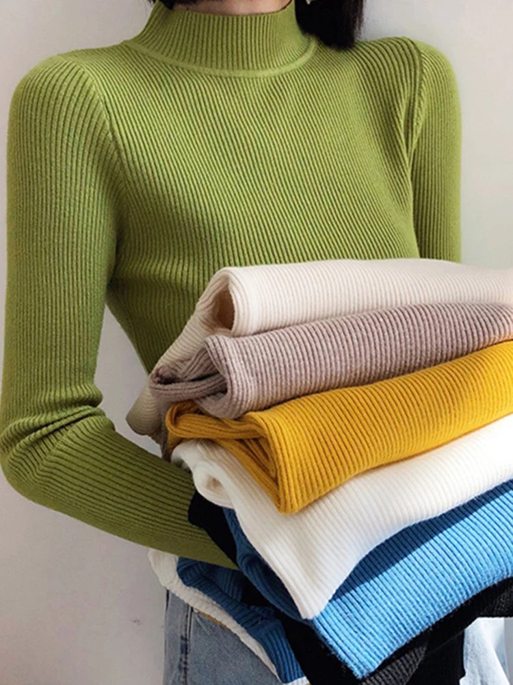 Autumn Winter Mock Neck Women Sweater Vintage Basic Solid Knitted Tops Casual Slim Pullover Korean Sweaters Simple Chic Jumpers Autumn Winter Mock Neck Women Sweater Vintage Basic Solid Knitted Tops Casual Slim Pullover Korean Sweaters Simple Chic Jumpers