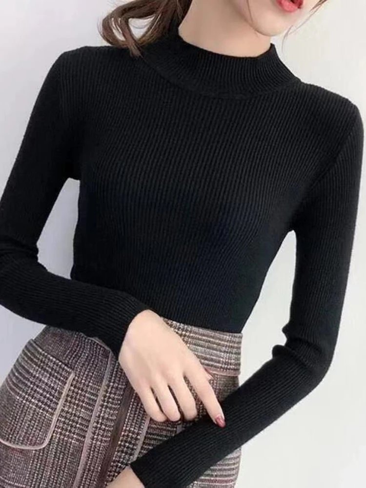 Autumn Winter Mock Neck Women Sweater Vintage Basic Solid Knitted Tops Casual Slim Pullover Korean Sweaters Simple Chic Jumpers Autumn Winter Mock Neck Women Sweater Vintage Basic Solid Knitted Tops Casual Slim Pullover Korean Sweaters Simple Chic Jumpers