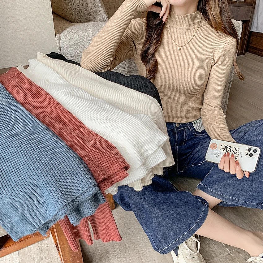 Autumn Winter Mock Neck Women Sweater Vintage Basic Solid Knitted Tops Casual Slim Pullover Korean Sweaters Simple Chic Jumpers Autumn Winter Mock Neck Women Sweater Vintage Basic Solid Knitted Tops Casual Slim Pullover Korean Sweaters Simple Chic Jumpers