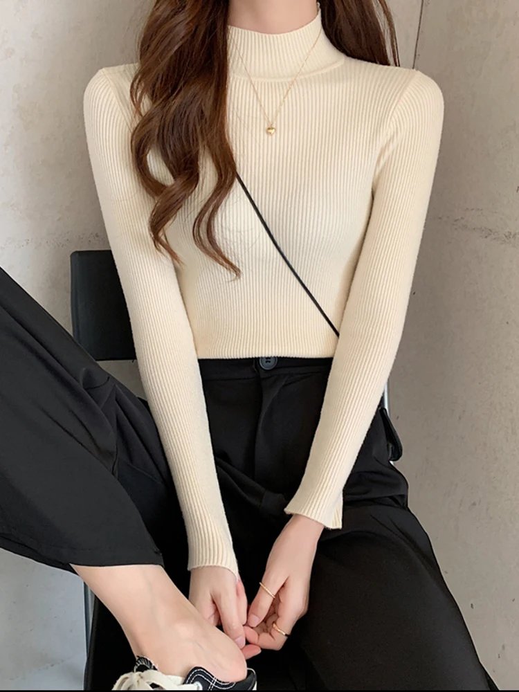 Autumn Winter Mock Neck Women Sweater Vintage Basic Solid Knitted Tops Casual Slim Pullover Korean Sweaters Simple Chic Jumpers Autumn Winter Mock Neck Women Sweater Vintage Basic Solid Knitted Tops Casual Slim Pullover Korean Sweaters Simple Chic Jumpers