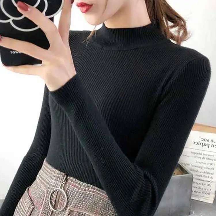 Autumn Winter Mock Neck Women Sweater Vintage Basic Solid Knitted Tops Casual Slim Pullover Korean Sweaters Simple Chic Jumpers Autumn Winter Mock Neck Women Sweater Vintage Basic Solid Knitted Tops Casual Slim Pullover Korean Sweaters Simple Chic Jumpers