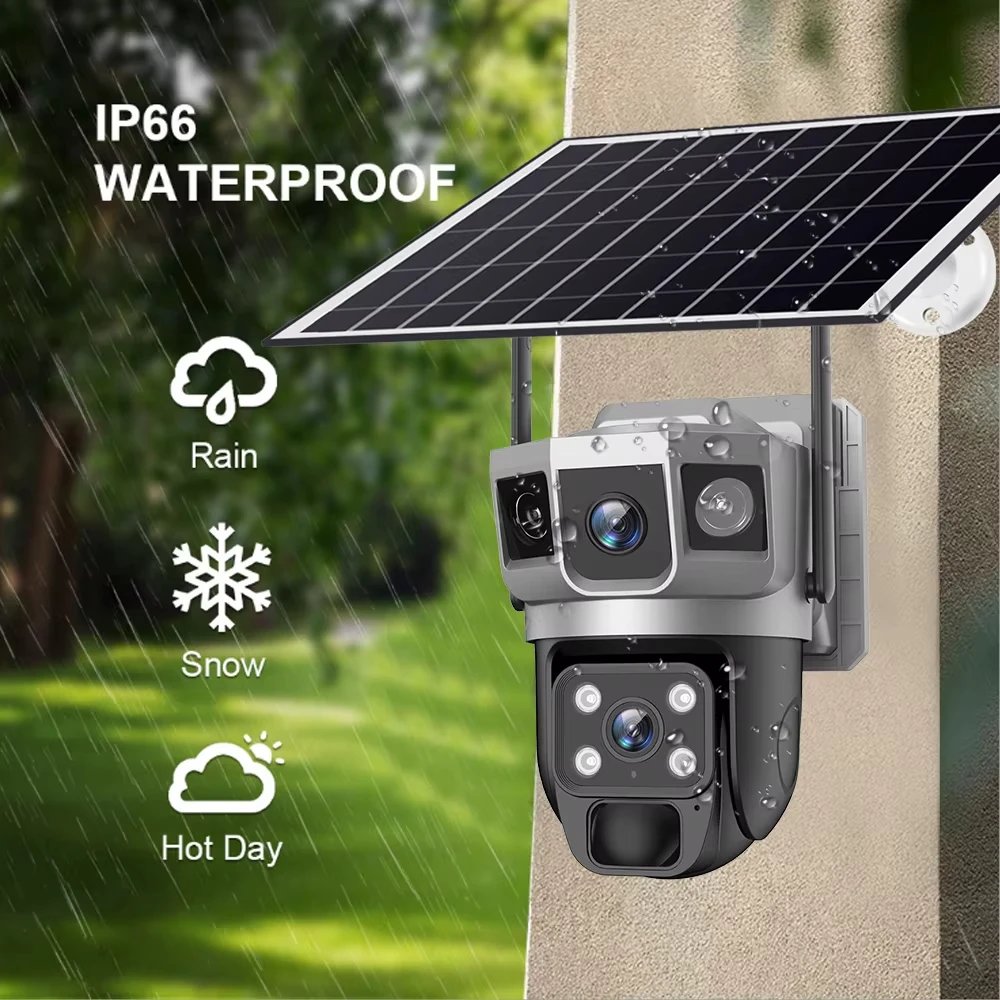 Dual Lens Three Screens WIFI Solar Camera 12MP 10X Zoom CCTV Outdoor Automatic Tracking Humanoid Detection Support PTZ IP66 Cam