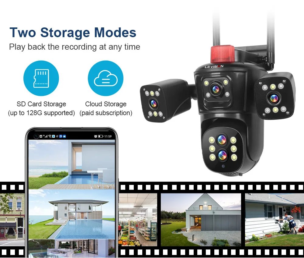 LS VISION 20MP WiFi IP Camera Four Screens 10X Zoom Wireless Outdoor PTZ CCTV Cam Five Lens Smart Tracking Wifi Surveillance Cam