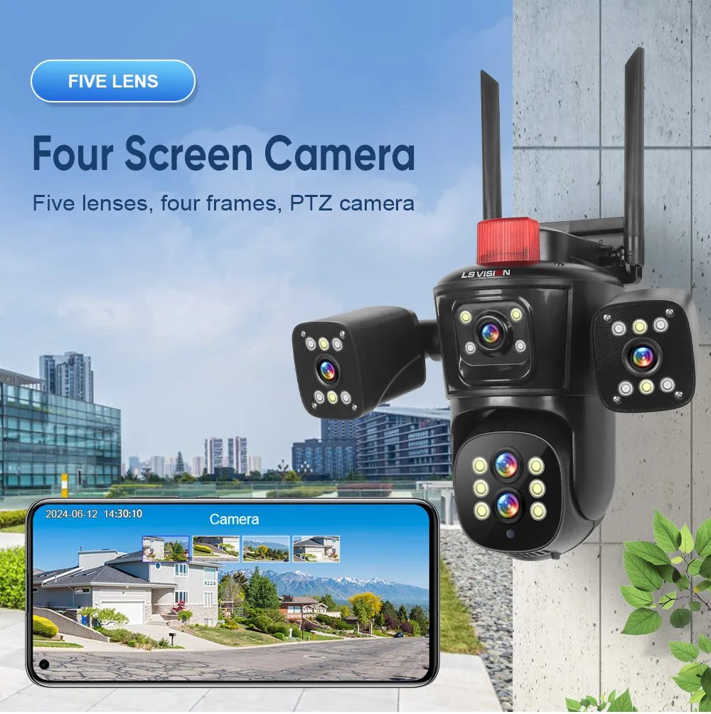LS VISION 20MP WiFi IP Camera Four Screens 10X Zoom Wireless Outdoor PTZ CCTV Cam Five Lens Smart Tracking Wifi Surveillance Cam
