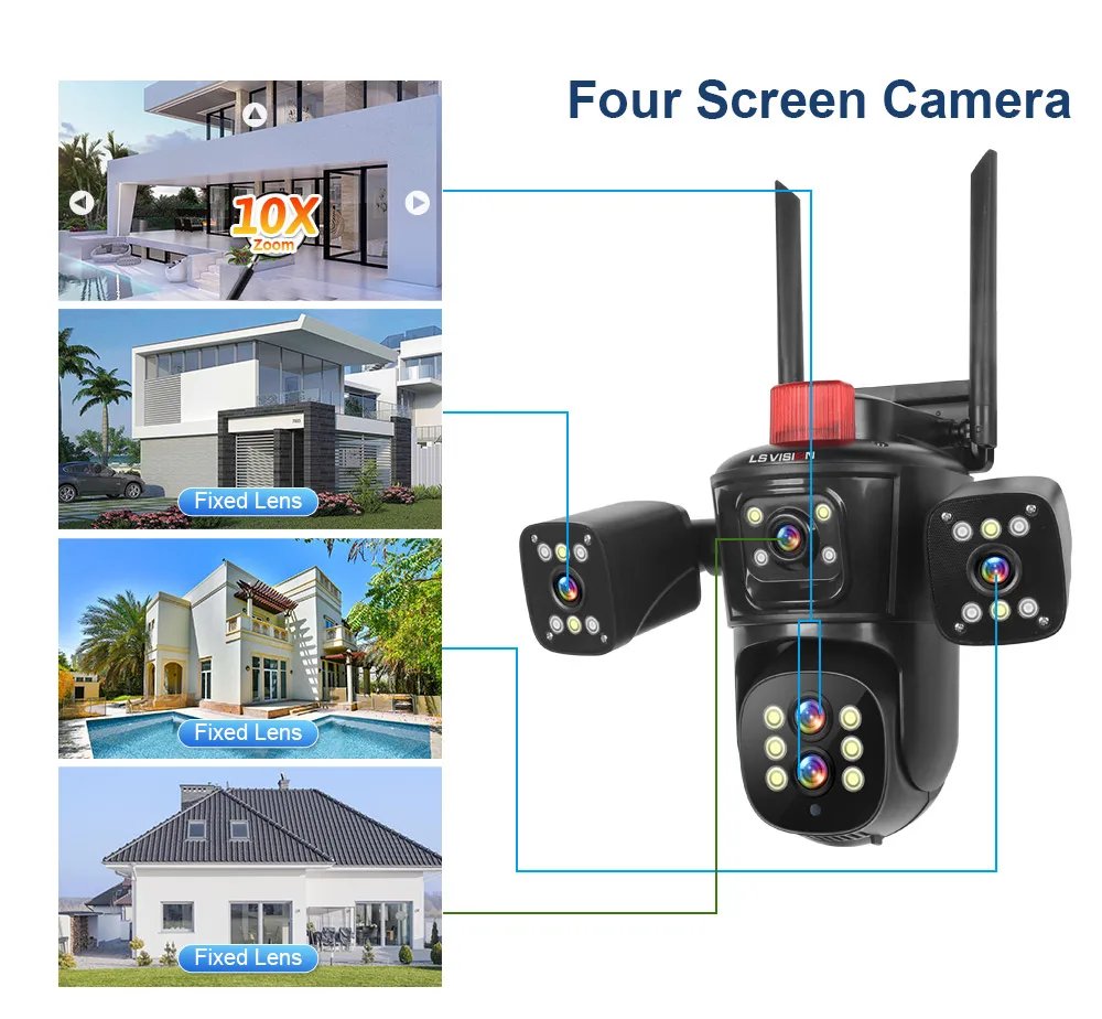 LS VISION 20MP WiFi IP Camera Four Screens 10X Zoom Wireless Outdoor PTZ CCTV Cam Five Lens Smart Tracking Wifi Surveillance Cam