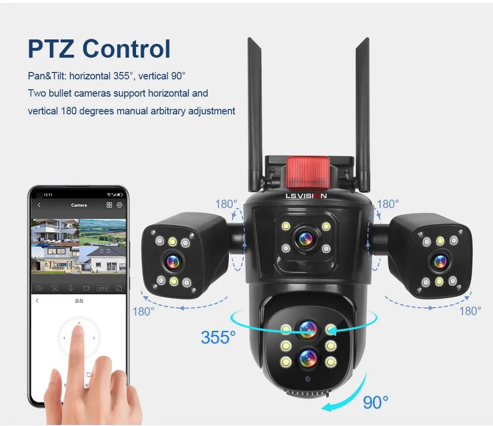 LS VISION 20MP WiFi IP Camera Four Screens 10X Zoom Wireless Outdoor PTZ CCTV Cam Five Lens Smart Tracking Wifi Surveillance Cam