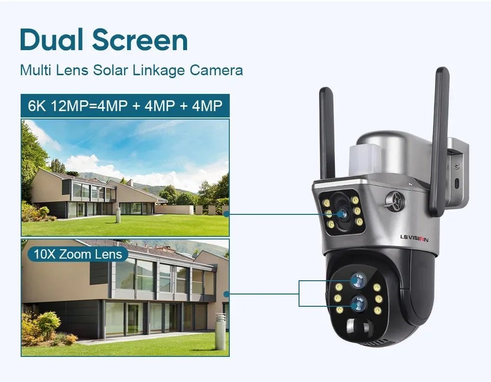 LS VISION 6K 4G Wifi Solar Camera 10x Zoom Three Lens PTZ Outdoor Surveillance CCTV IP Camara Ai Tracking Wifi Security Cam V380