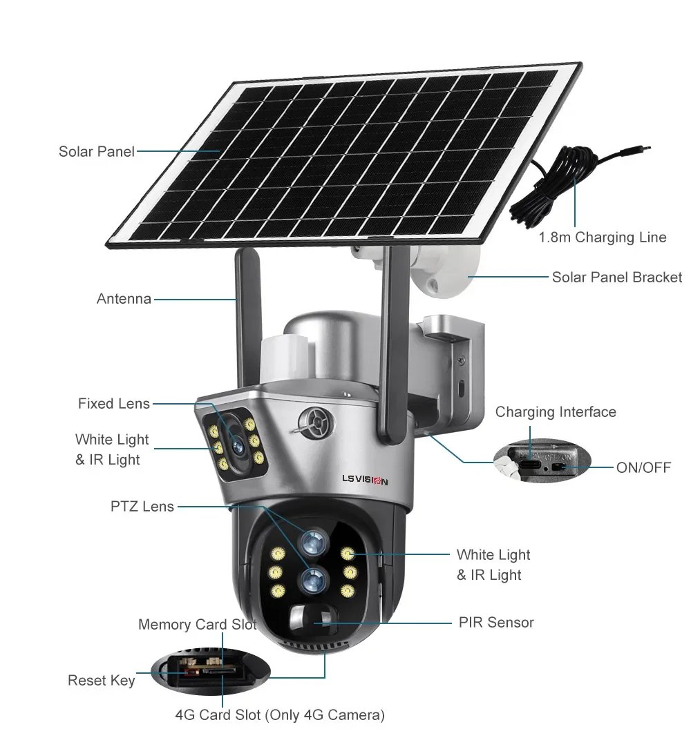 LS VISION 6K 4G Wifi Solar Camera 10x Zoom Three Lens PTZ Outdoor Surveillance CCTV IP Camara Ai Tracking Wifi Security Cam V380