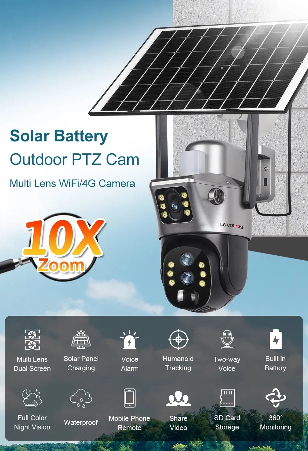 LS VISION 6K 4G Wifi Solar Camera 10x Zoom Three Lens PTZ Outdoor Surveillance CCTV IP Camara Ai Tracking Wifi Security Cam V380