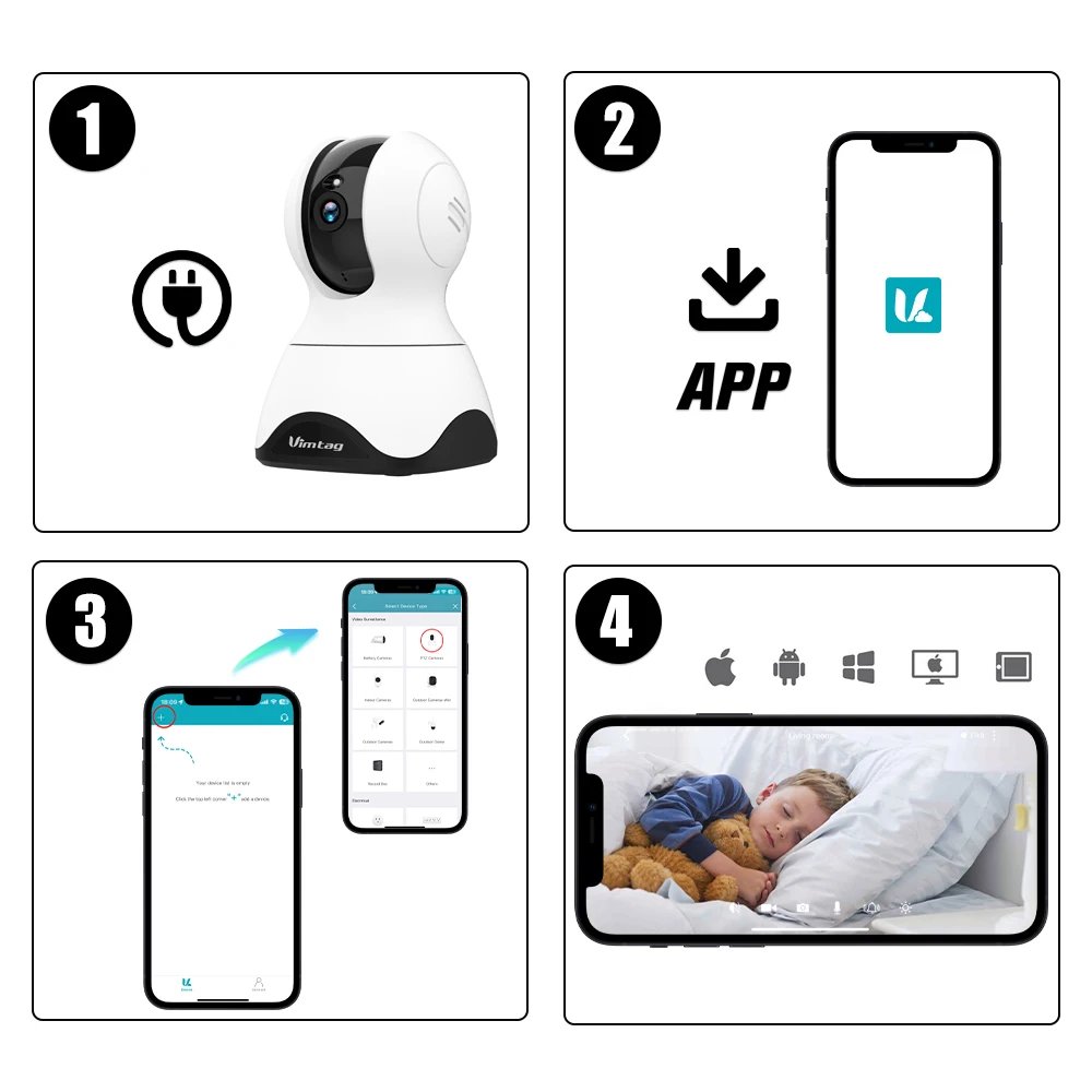 VIMTAG 4MP 360° Camera WIFI Auto Track 2-Way Audio IR Night Vision AI Human Detection IP Camera PTZ Indoor Security Surveillance