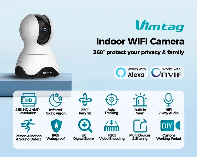 VIMTAG 4MP 360° Camera WIFI Auto Track 2-Way Audio IR Night Vision AI Human Detection IP Camera PTZ Indoor Security Surveillance