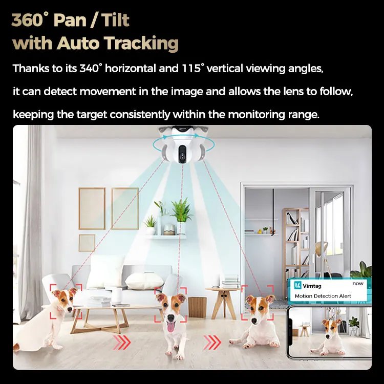 VIMTAG 4MP 360° Camera WIFI Auto Track 2-Way Audio IR Night Vision AI Human Detection IP Camera PTZ Indoor Security Surveillance