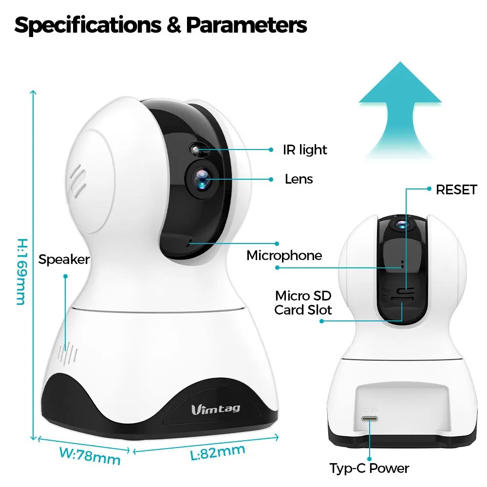 VIMTAG 4MP 360° Camera WIFI Auto Track 2-Way Audio IR Night Vision AI Human Detection IP Camera PTZ Indoor Security Surveillance