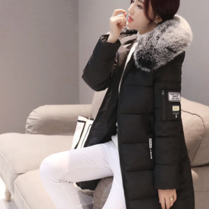 Women Winter Black Fur Collar Hooded Parka Fashion Letter Patch Zipper Pockets Long Jacket Elegant Slim Warm Thick Female Coats