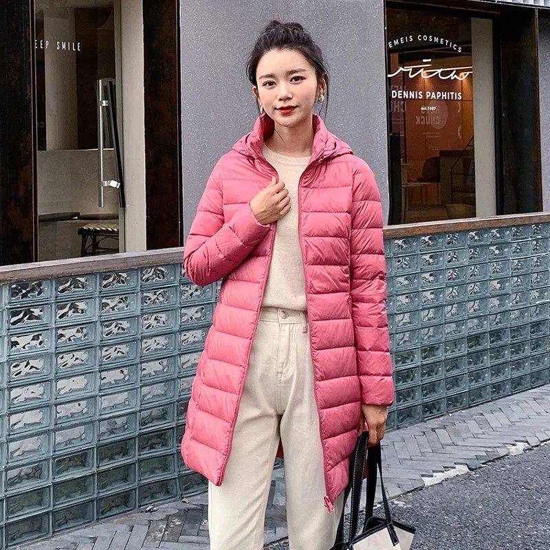 Winter Women Slim Down Coats Remove Hooded Parka Solid Color Female Long Light Thin Outerwear Lady Fashion Warm Puffer Jackets