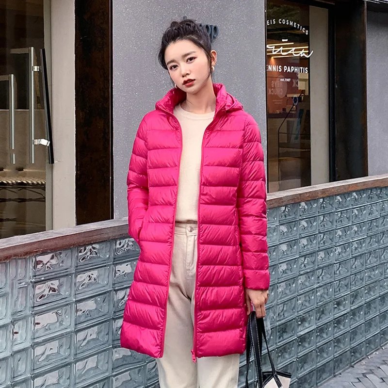 Winter Women Slim Down Coats Remove Hooded Parka Solid Color Female Long Light Thin Outerwear Lady Fashion Warm Puffer Jackets