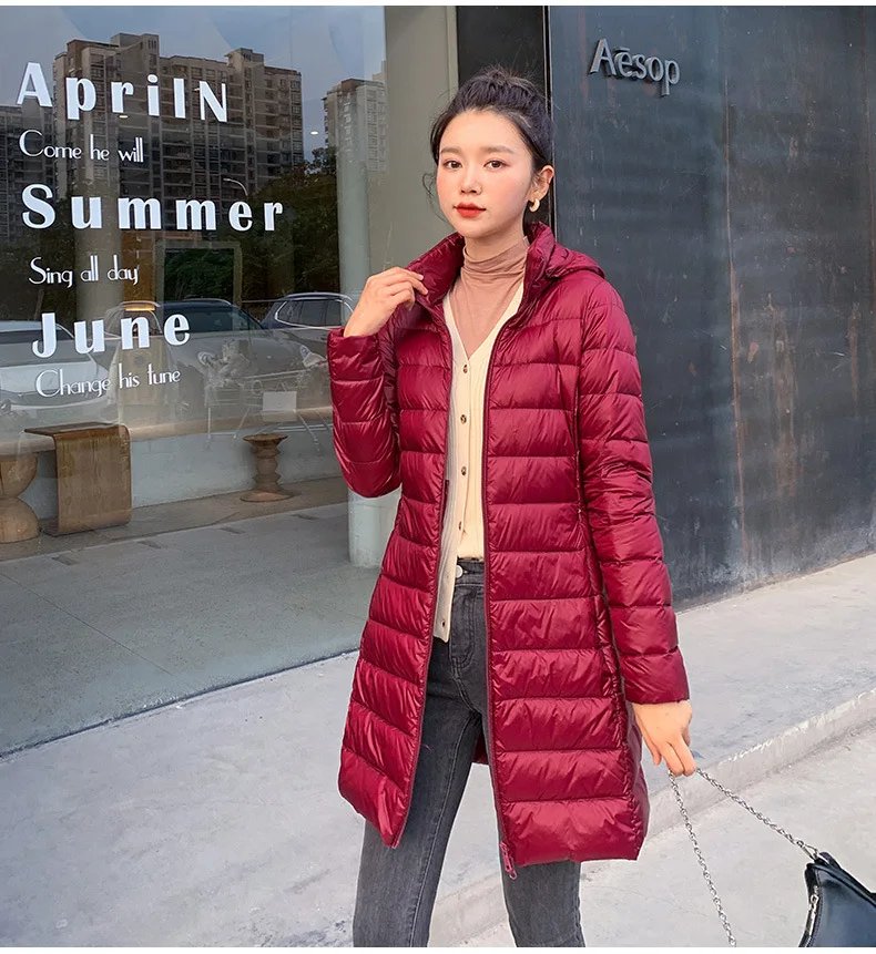 Winter Women Slim Down Coats Remove Hooded Parka Solid Color Female Long Light Thin Outerwear Lady Fashion Warm Puffer Jackets