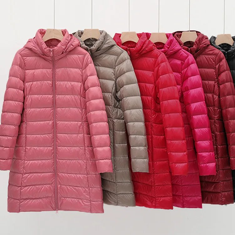 Winter Women Slim Down Coats Remove Hooded Parka Solid Color Female Long Light Thin Outerwear Lady Fashion Warm Puffer Jackets