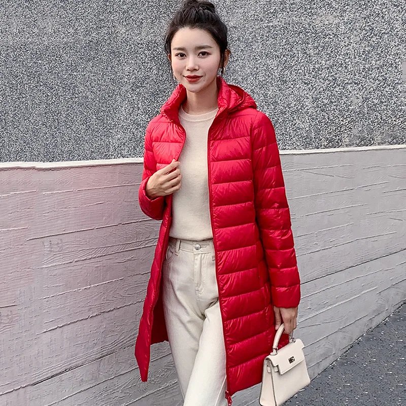Winter Women Slim Down Coats Remove Hooded Parka Solid Color Female Long Light Thin Outerwear Lady Fashion Warm Puffer Jackets