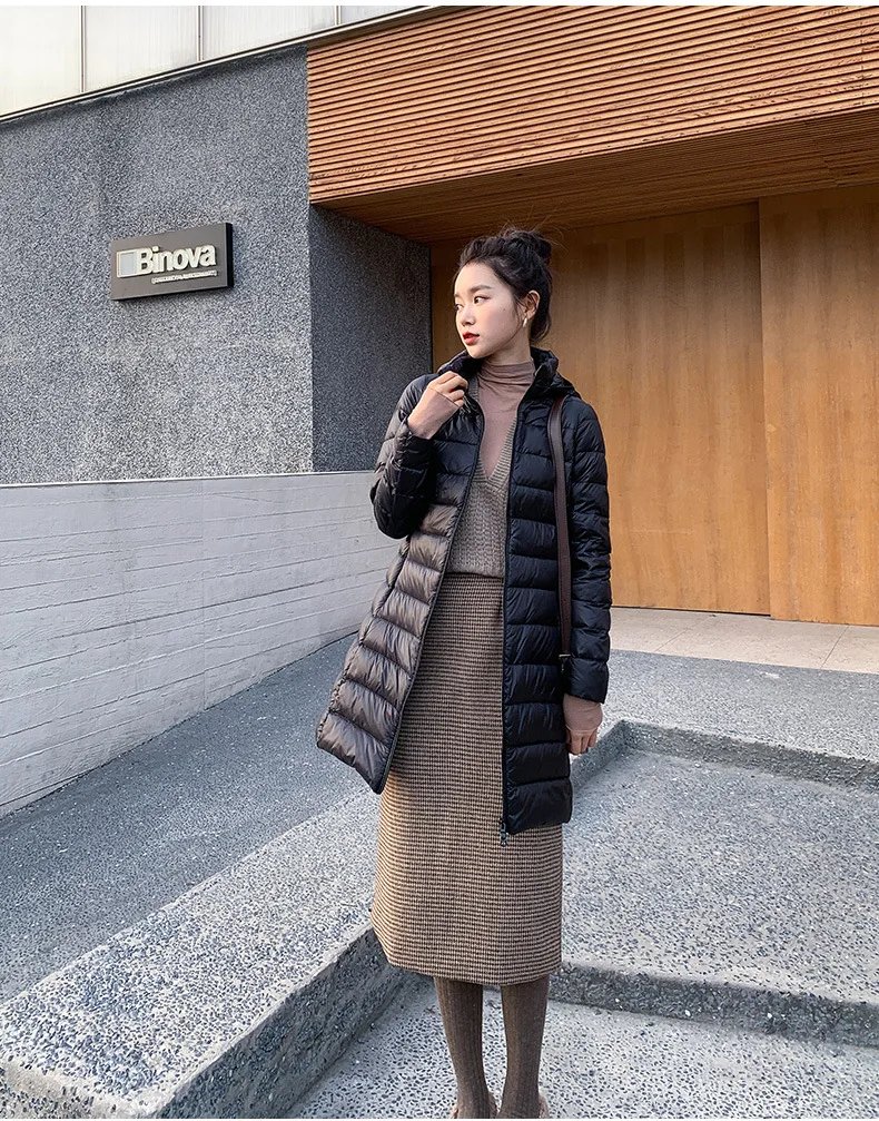 Winter Women Slim Down Coats Remove Hooded Parka Solid Color Female Long Light Thin Outerwear Lady Fashion Warm Puffer Jackets