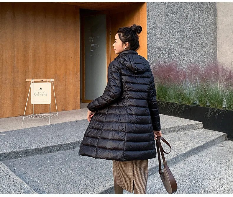 Winter Women Slim Down Coats Remove Hooded Parka Solid Color Female Long Light Thin Outerwear Lady Fashion Warm Puffer Jackets
