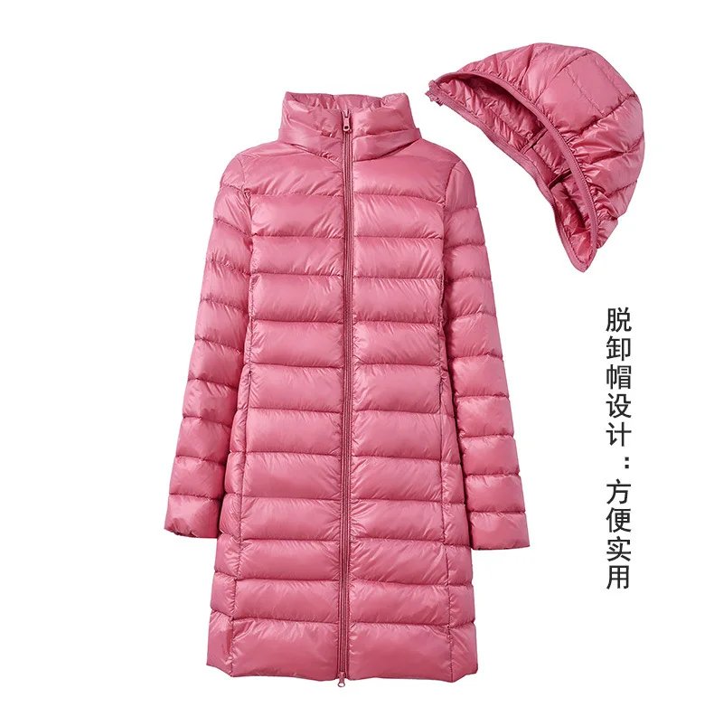 Winter Women Slim Down Coats Remove Hooded Parka Solid Color Female Long Light Thin Outerwear Lady Fashion Warm Puffer Jackets