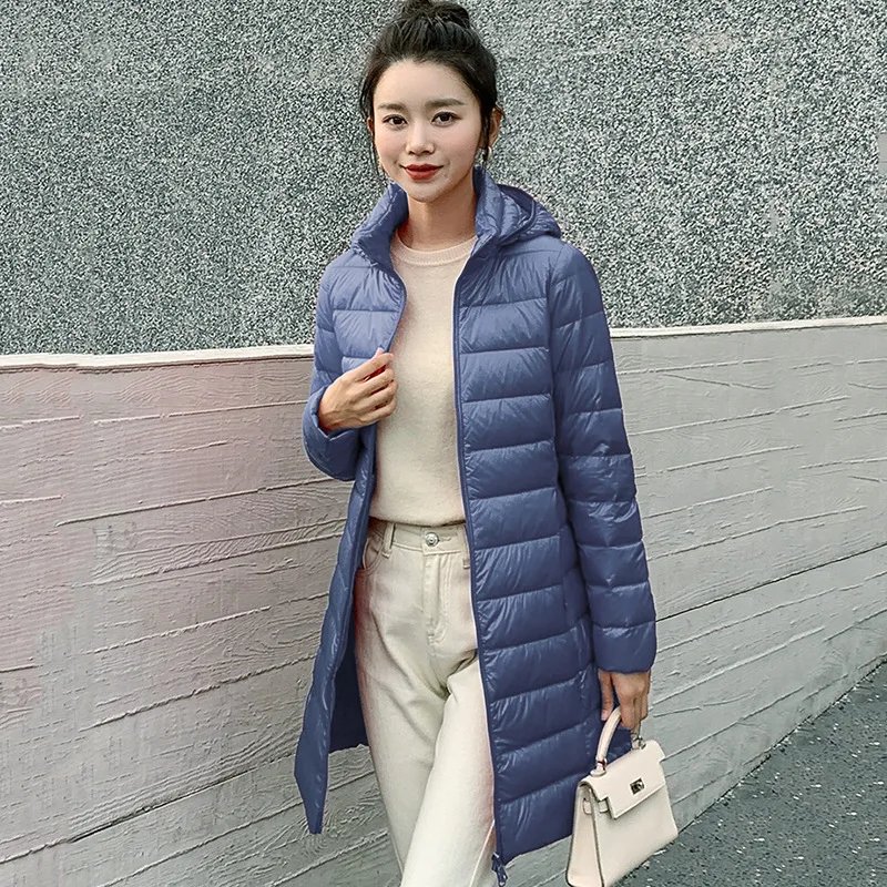 Winter Women Slim Down Coats Remove Hooded Parka Solid Color Female Long Light Thin Outerwear Lady Fashion Warm Puffer Jackets