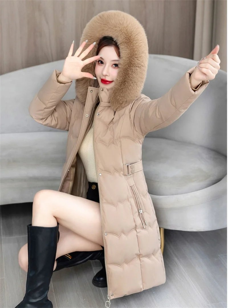 2024 New Winter Coat Women's Jacket Fur Neckline Long Basic Coats Thick Jackets Cotton Padded Outerwear Parkas Female Clothes
