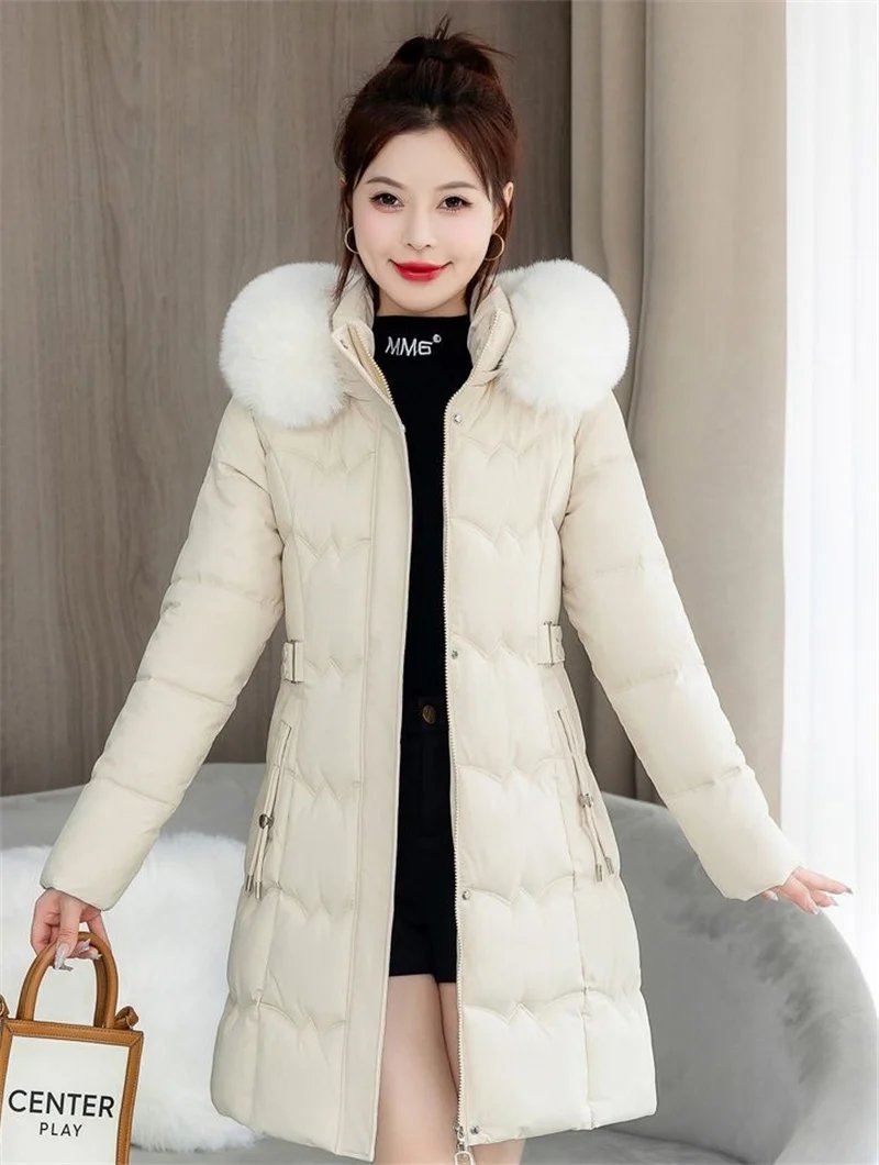 2024 New Winter Coat Women's Jacket Fur Neckline Long Basic Coats Thick Jackets Cotton Padded Outerwear Parkas Female Clothes