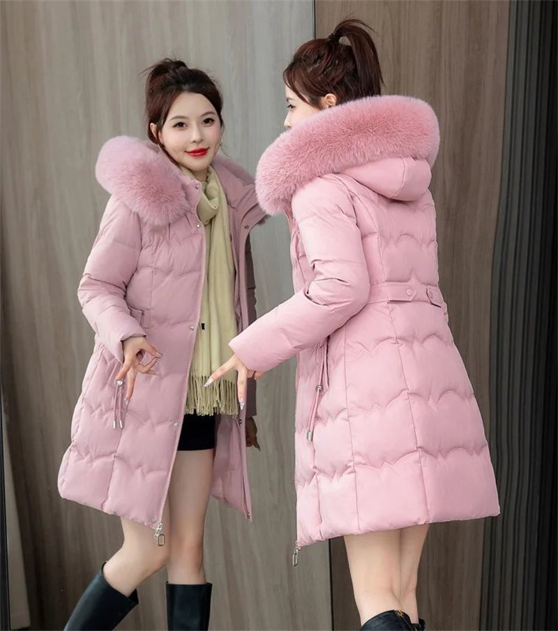 2024 New Winter Coat Women's Jacket Fur Neckline Long Basic Coats Thick Jackets Cotton Padded Outerwear Parkas Female Clothes
