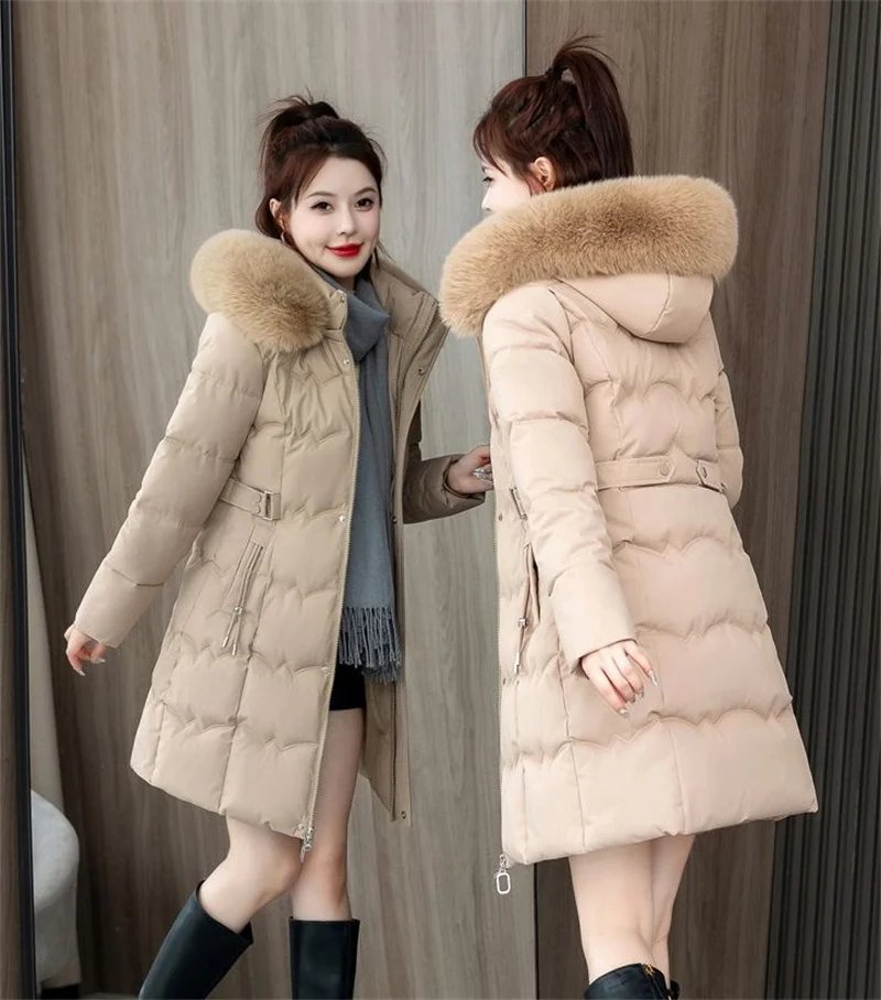 2024 New Winter Coat Women's Jacket Fur Neckline Long Basic Coats Thick Jackets Cotton Padded Outerwear Parkas Female Clothes