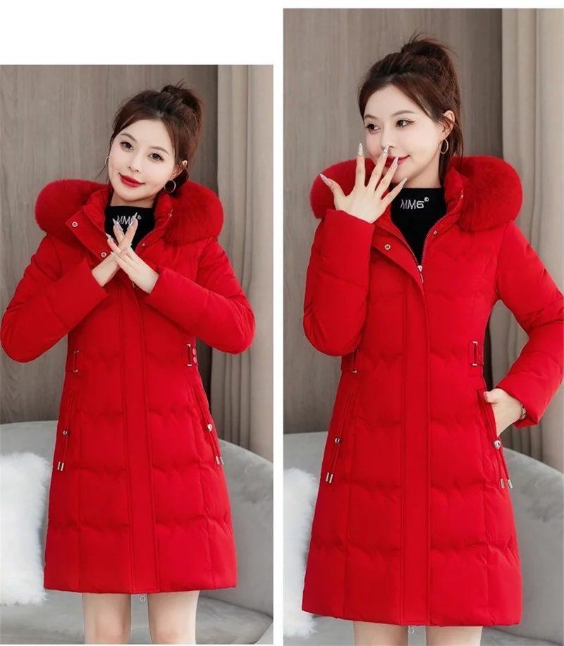 2024 New Winter Coat Women's Jacket Fur Neckline Long Basic Coats Thick Jackets Cotton Padded Outerwear Parkas Female Clothes