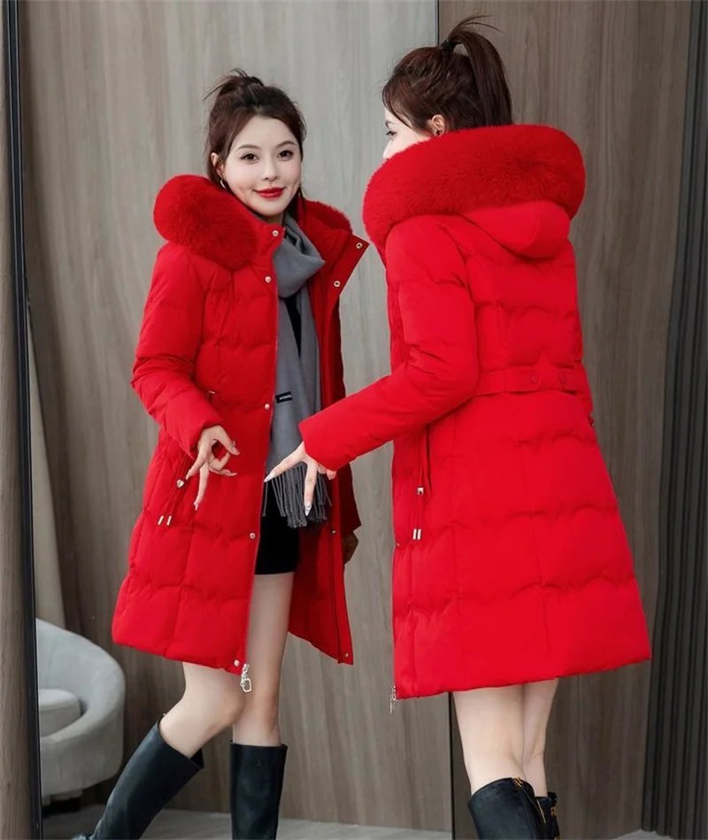 2024 New Winter Coat Women's Jacket Fur Neckline Long Basic Coats Thick Jackets Cotton Padded Outerwear Parkas Female Clothes