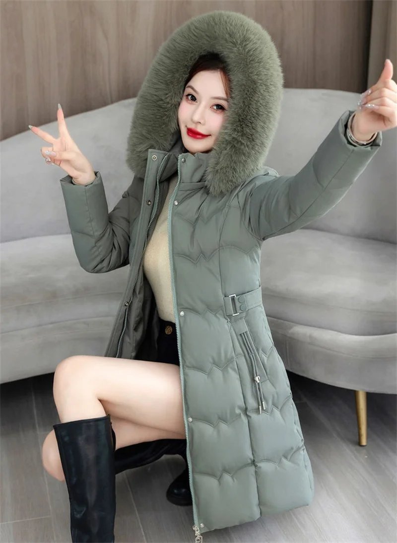 2024 New Winter Coat Women's Jacket Fur Neckline Long Basic Coats Thick Jackets Cotton Padded Outerwear Parkas Female Clothes