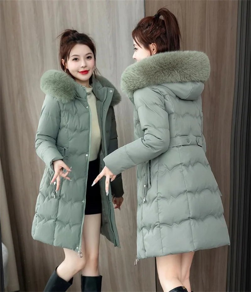2024 New Winter Coat Women's Jacket Fur Neckline Long Basic Coats Thick Jackets Cotton Padded Outerwear Parkas Female Clothes