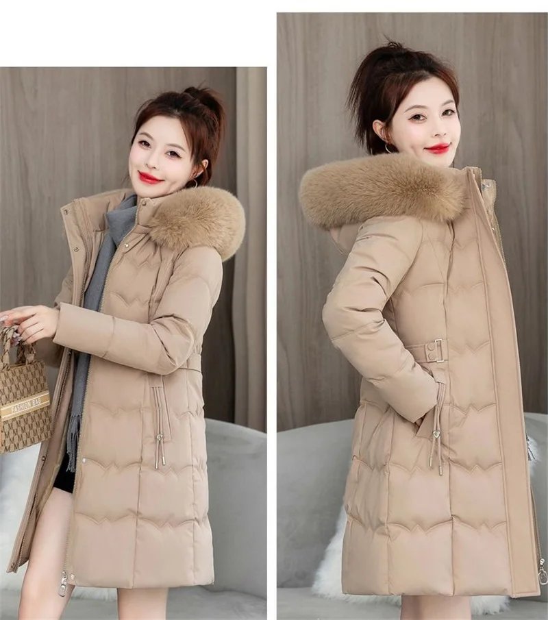 2024 New Winter Coat Women's Jacket Fur Neckline Long Basic Coats Thick Jackets Cotton Padded Outerwear Parkas Female Clothes