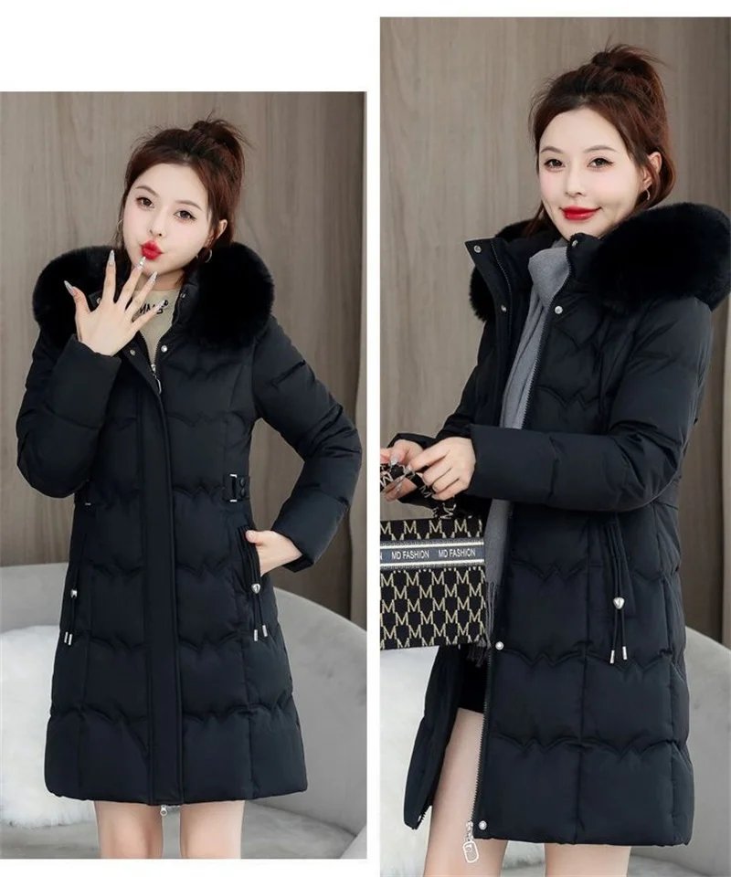 2024 New Winter Coat Women's Jacket Fur Neckline Long Basic Coats Thick Jackets Cotton Padded Outerwear Parkas Female Clothes