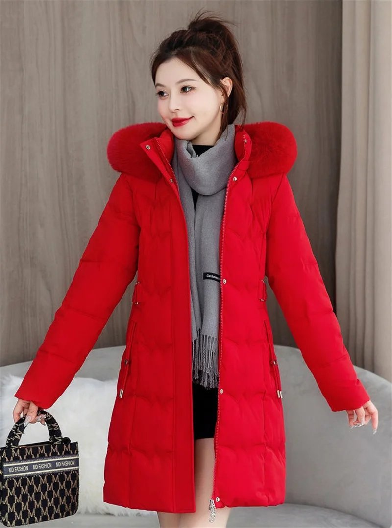 2024 New Winter Coat Women's Jacket Fur Neckline Long Basic Coats Thick Jackets Cotton Padded Outerwear Parkas Female Clothes