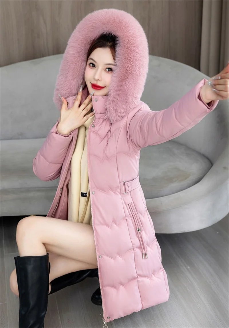 2024 New Winter Coat Women's Jacket Fur Neckline Long Basic Coats Thick Jackets Cotton Padded Outerwear Parkas Female Clothes