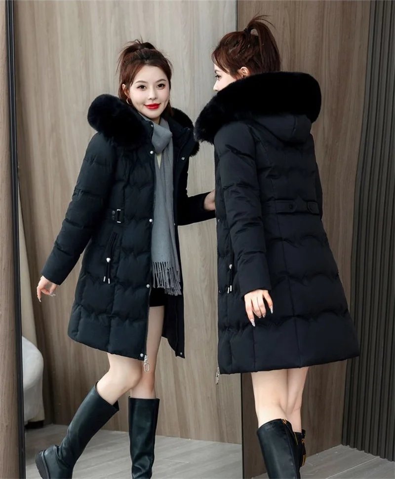 2024 New Winter Coat Women's Jacket Fur Neckline Long Basic Coats Thick Jackets Cotton Padded Outerwear Parkas Female Clothes