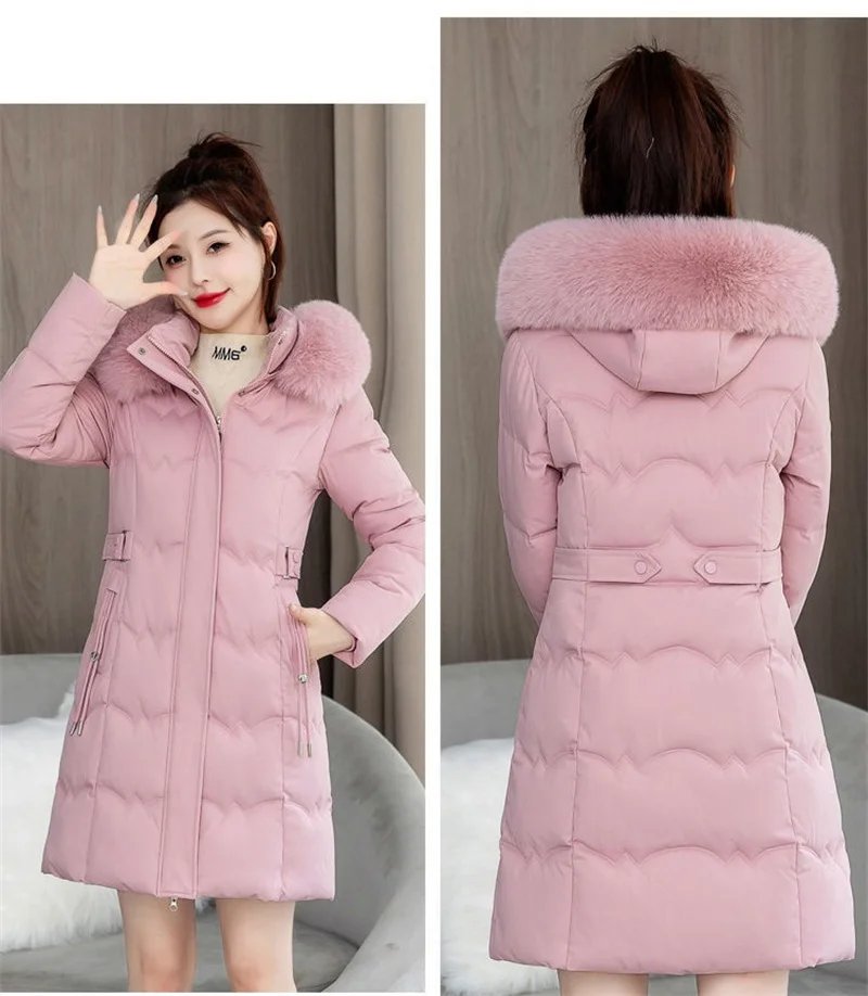 2024 New Winter Coat Women's Jacket Fur Neckline Long Basic Coats Thick Jackets Cotton Padded Outerwear Parkas Female Clothes