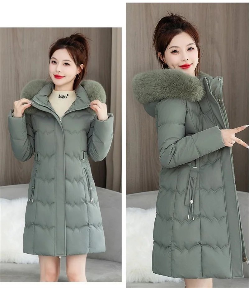 2024 New Winter Coat Women's Jacket Fur Neckline Long Basic Coats Thick Jackets Cotton Padded Outerwear Parkas Female Clothes
