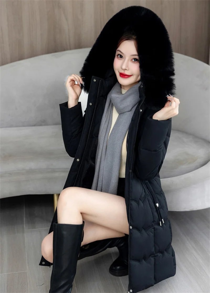 2024 New Winter Coat Women's Jacket Fur Neckline Long Basic Coats Thick Jackets Cotton Padded Outerwear Parkas Female Clothes