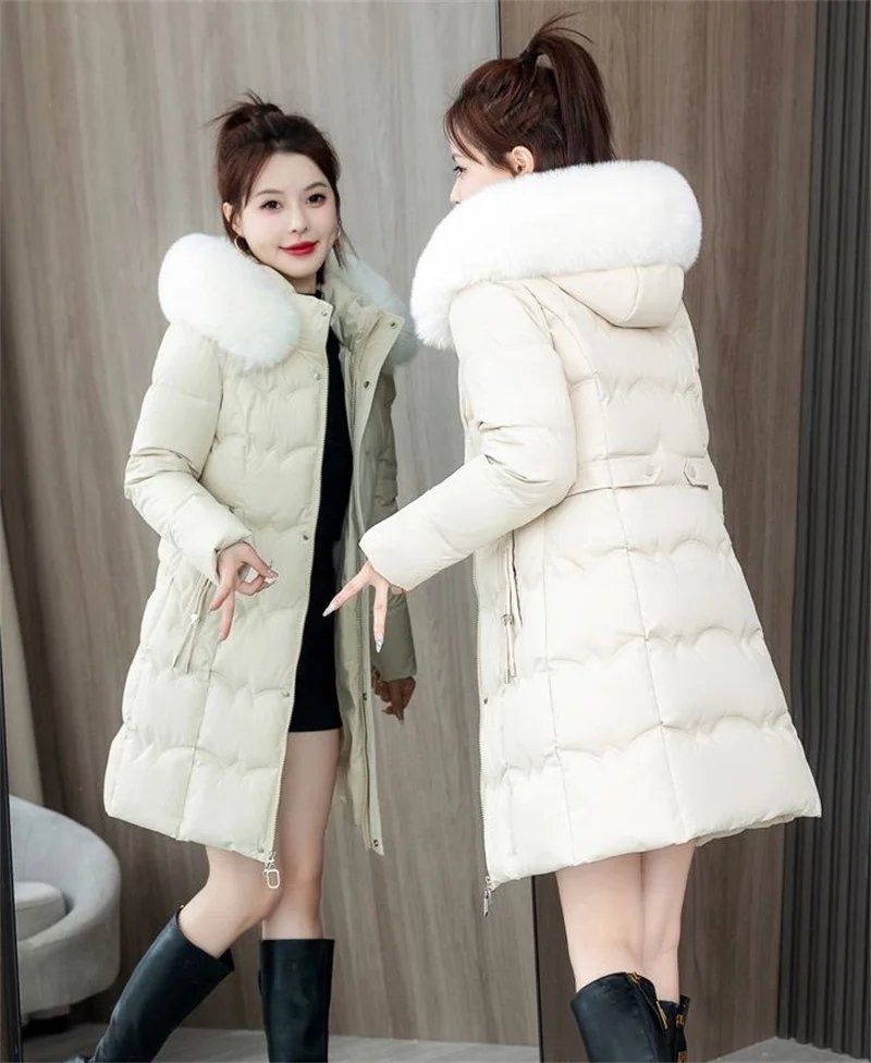 2024 New Winter Coat Women's Jacket Fur Neckline Long Basic Coats Thick Jackets Cotton Padded Outerwear Parkas Female Clothes